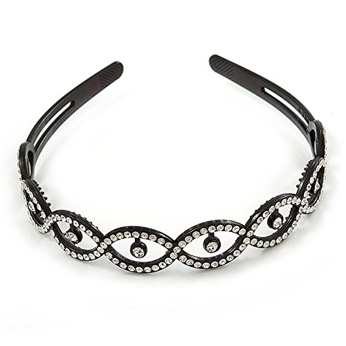 Cerchietto per capelli classico, largo, in acrilico nero con strass