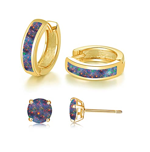 CiNily 2 Pairs Black Gold Plated Opal Hoop Stud Earrings Sets for Women Men
