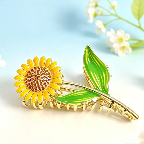 Pinzas para el cabello TIIZIISII Sunflower elegantes metálicas con flor y pedrería, pinzas antideslizantes para cabello grueso y fino, accesorios de verano para niñas miniatura 2