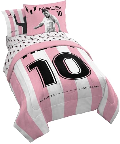 Image of Jay Franco Messi Full Comforter Set 7 Piece Soft Kids Sports Bedding, Pink | Bed in a Bag, Comforter Sheets Shams Pillowcases, Official Product, Soft Microfiber, Machine Washable, Kids Gift