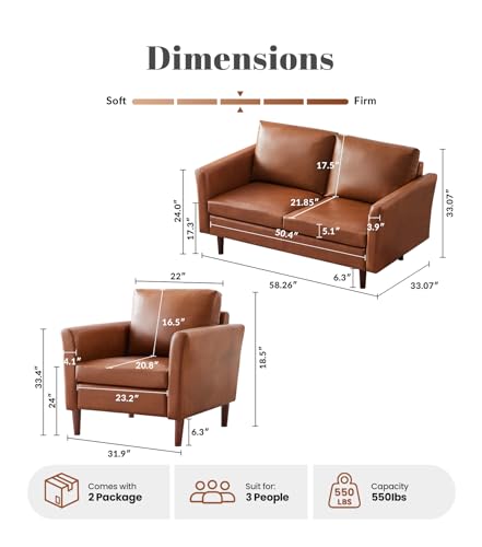 Image of Kingfun 2 Piece Faux Leather Sofa Set, Mid Century Modern Living Room Furniture Set with 3-Seater Sofa and Loveseat, Small Leather Couch with Solid Wood Frame for Bedroom and Office, Dark Brown