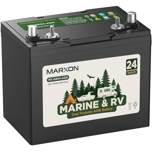 Group 24M Marine Battery Dual Purpose Marxon RV AGM Batteries 2X Deep Cycle 12V 79Ah 550CCA 150RC Trolling Motor Battery SLA Replacement with 2 pcs Terminal Starting and Supply Power