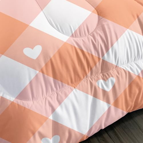 Image of AILONEN Peach Gingham Comforter Queen 3-Piece Aesthetic Bowknot Bedding Orange Plaid Quilt Ultra Soft Microfiber Quilted Duvet Alternative Master Bedroom Decor Vibrant Apricot Blanket 2 Cases