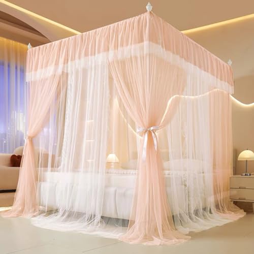 SCMTYWCQ 4 Corners Post Princess Bed Canopy Curtain-Double Layer Cozy Drape Netting Ruffle Mosquito Net for Girls Bed Adults Bedroom Decoration (Queen, Jade/White)