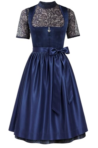 EIISSION Dirndl Damen midi Lang Dirndl Blau Trachtenkleid Trachtenrock Dirndl-Komplettsets Trachtenmode Trachten Damen mit 3 Teilig Schürze Dirndlbluse Oktoberfest Dresses Dirndlkleid 42
