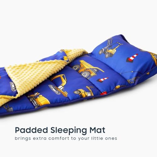 Image of Wake In Cloud - Toddler Nap Mat with Pillow and Minky Fleece Blanket, for Kids Boys Ages 3 Plus in Daycare Preschool Kindergarten, Roll Up Sleeping Bag, Construction Trucks