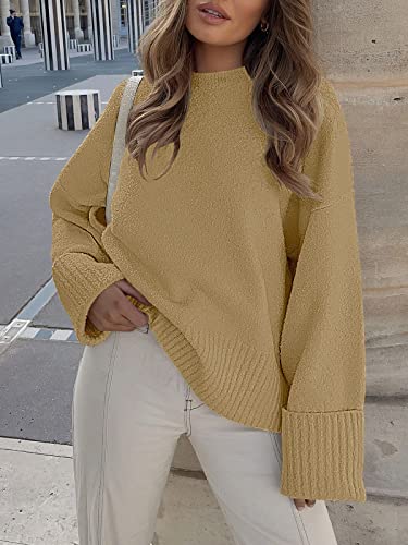 Anrabess Women's Crewneck Long Sleeve Oversized Fuzzy Knit Chunky Warm Pullover Sweater Top 626Tuose-L Khaki #TOP1