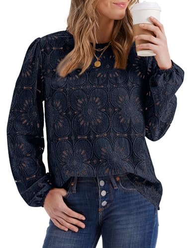 Image of OFEEFAN Blouses for Women Dressy Casual Spring Tops 2026 Summer Outfits Flower Lace Crochet Long Sleeve Shirts
