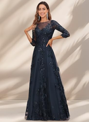 Women's Lace Appliques Mother of The Bride Dresses with 3/4 Sleeves Scoop Neck Beaded Formal Evening Gown3