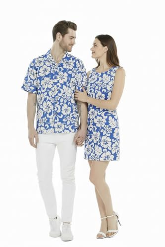 Image of Matchable Couple Hawaiian Luau Men Shirt or Women Tank Dress in Classic Vintage Hibiscus