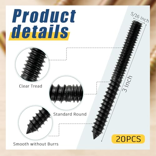 Image of Hicarer 20 Pack 5 /16-18 x 3 Inch Hanger Bolts Double Headed Bolts with Driver Self Tapping Screw Threaded Rod Screws for Furniture Double Headed for Wood Furniture Joint (Black)
