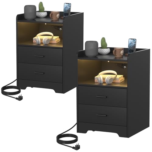 Vkechh Nachttisch,Nachttische mit LED-Beleuchtung und Ladestation,Moderner Nachtschrank mit 2 Schubladen und USB-Anschlüssen, Stauraum für Schlafzimmer & Wohnzimmer, Schwarz 2 Set (40x35x58cm)