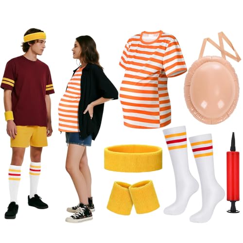 Cozypower 6 Pcs Pregnancy Halloween Couple Costume Inflatable Belly Orange Striped T-shirt Hairband Wristbands Knee Socks(X-Large)