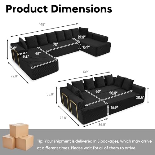Image of Oversized Cloud Boneless Couch with Chaise, 145 inch Modern U Shape Modular Deep Seat Sectional Sofa, Comfy Corduroy Upholstered Couches for Living Room, No Assembly Required, Black