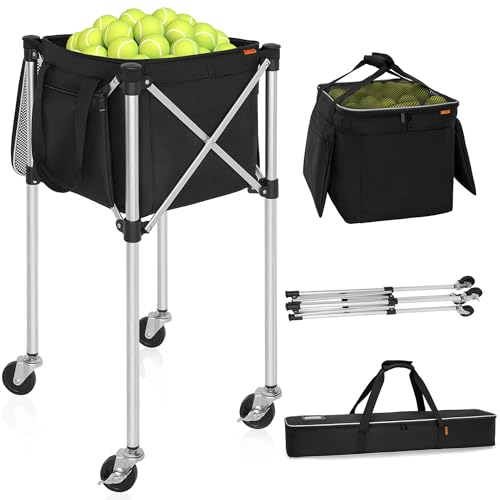 AKOZLIN Tennis Ball Hopper with Wheels Holds 180 Balls Portable Tennis Ball Cart Basket with Side Pockets- EZ Travel Ball Carriers