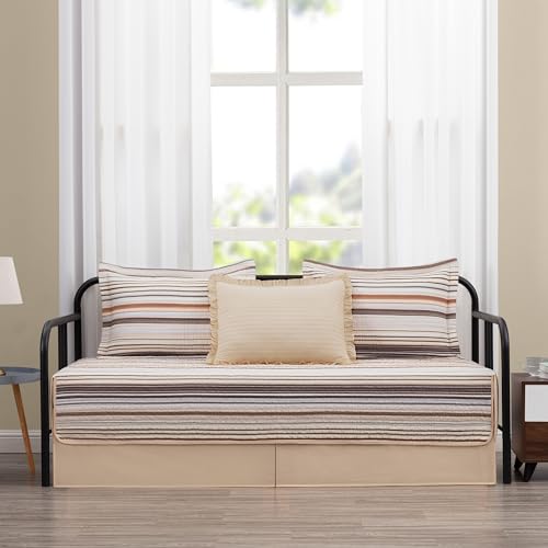 Image of Chezmoi Collection Avery Striped Cotton Quilt Set Daybed Size, 5-Piece Soft Pre-Washed 100% Cotton Quilt, Multi-Color Brown