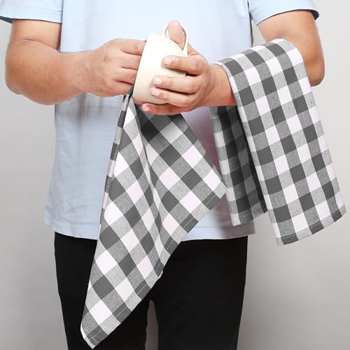Image of Gingham Check Kitchen Towels, 4 Pack, 16x26 Inches, 100% Cotton - Soft, Highly Absorbent, Quick Drying, Dish Towels for Drying Dishes, Glasswares, Cleaning, Wiping Hands, Grey White