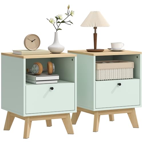 HOMCOM Lot de 2 Tables de Chevet, Tables de Nuit avec tiroir et Compartiment Ouvert, Style Moderne, pour Chambre à Coucher, Salon, 40 x 40 x 55 cm, chêne et...