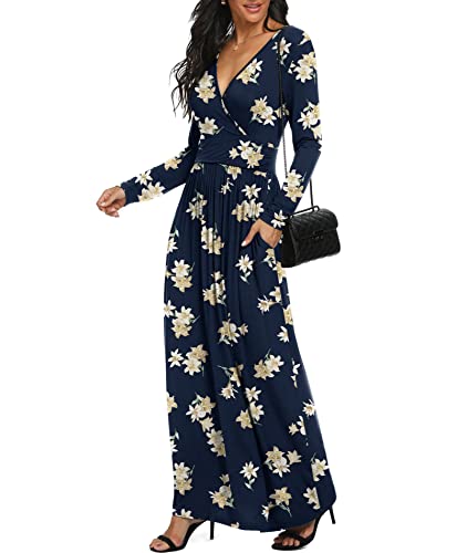 Image of LILBETTER Women Long Sleeve Deep V Neck Loose Plain Long Maxi Casual Dress