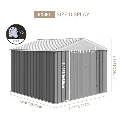 Zstar 7.5 x 8.5 FT Outdoor Storage Shed, Garden Tool Storage Shed with Sloping Roof and Lockable Double Door for Backyard Patio Lawn to Store Bikes, Tools, Lawnmowers, Grey