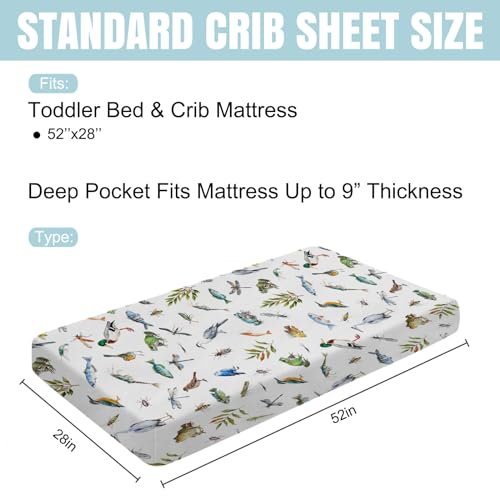 Image of Wildlife Pond Baby Crib Sheets 52''x28'' Wild Animals Frogs Duck Fish Bird Weeds Snug Fitted Crib Mattress Cover for Boy Girl Fishing Hunting Soft Nursery Bed Sheet for Standard Crib Toddler Mattress
