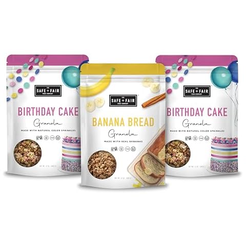 Safe + Fair 3 Pack Granola Bundle - Gluten Free Birthday Cake Granola (12oz - 2pack)+Gluten-Free Banana Bread Granola (12oz - 1pack) Cover