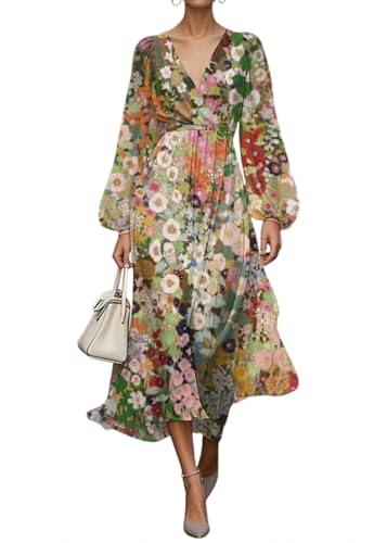 shownicer Damen Kleider Elegant Kleid Lang Blumendruck Musselin Kleid V Ausschnitt Wickelkleid Langarm Herbstkleid Vintage Midikleid A Mehrfarbig 3XL