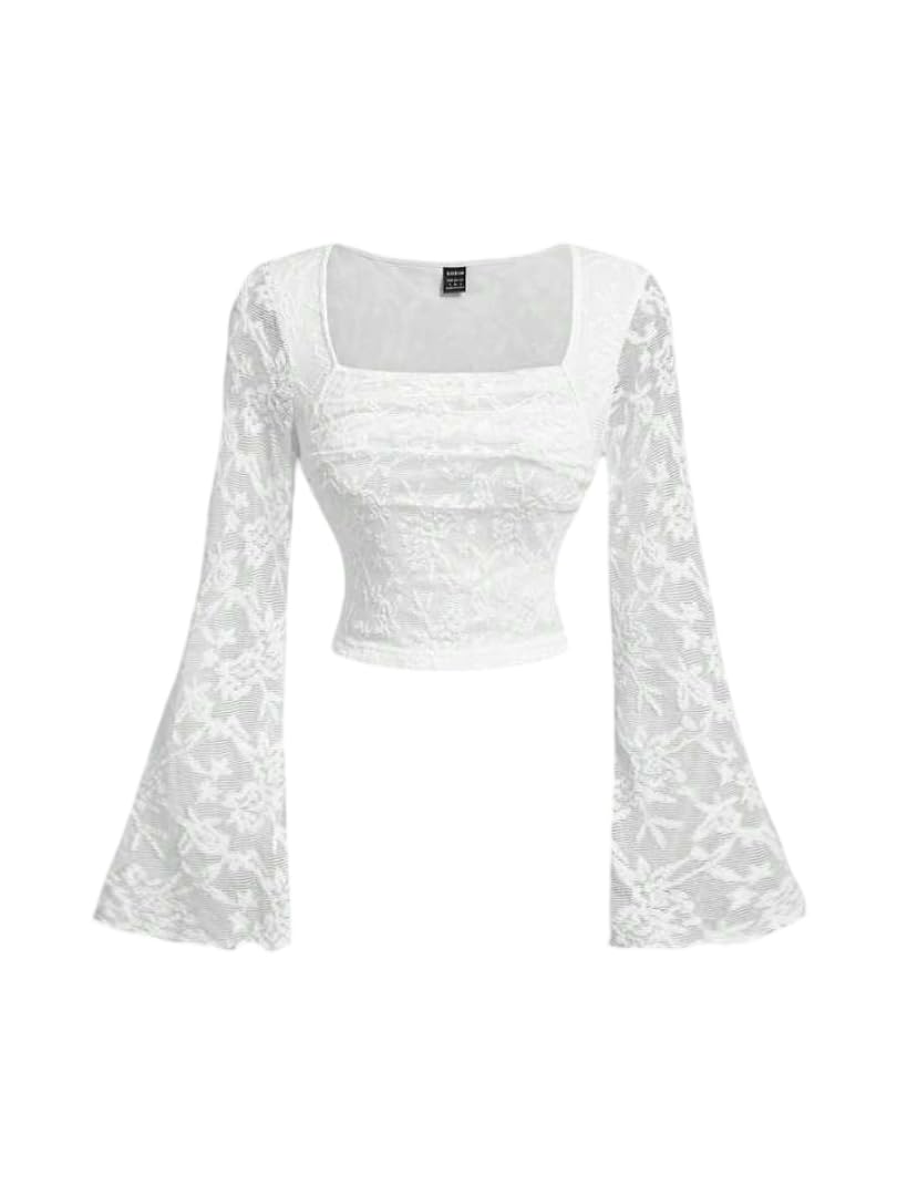 Women's Elegant White Lace Long Sleeve Top, Square Neck Floral Pattern, Fitted Style, Stretch Fabric, Casual