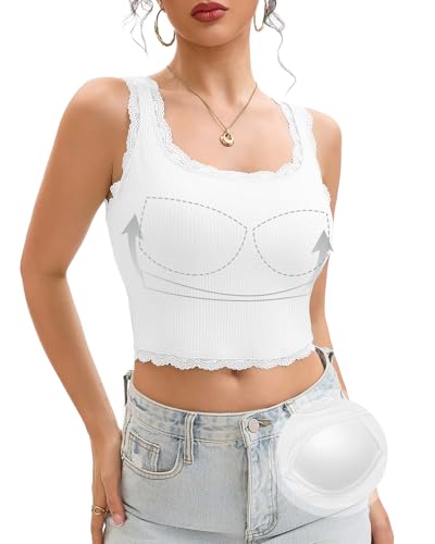 LEYSHE Crop Tank Tops Damen mit Integriertem BH Sommer Spitzen Ärmelloses BH Hemd mit Cups Elegantes Geripptes Trägertop Sexy Spitzentop,Weiß,L