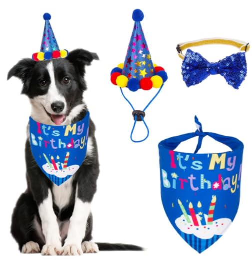 WUBAYI Set di bandana di compleanno per cani, con cappello e papillon, per feste di compleanno a forma di cagnolino, decorazione per cani e gatti (blu scuro)
