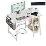 DEILALY Computer Desk, 80cm Gaming Desks, with with USB Charging Port & Power Outlet, Office Laptop Table, Study Tables with Metal Frame, Wood with Floating shelves, for Bedroom, Living Room, White