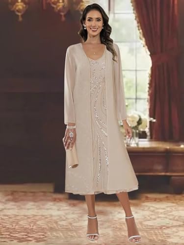 2 Piece Chiffon Mother of The Bride Dresses with Jacket Long Sleeves Sequin Formal Dresses for Women3