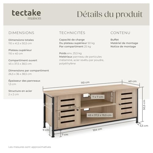Meuble TV 110 cm en bois clair avec 4 compartiments tectake