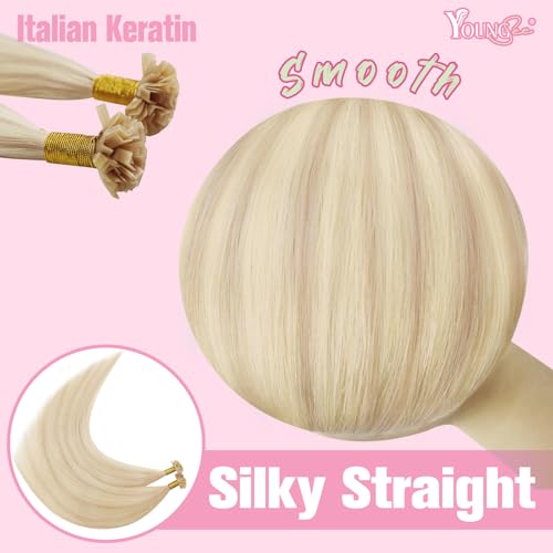 Image of YoungSee K Tip Hair Extensions Human Hair Blonde with Bleach Blonde Highlight Keratin Hair Extensions Highlight 18In 1G /S 50G