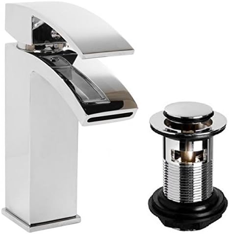 Cassellie Chrome Modern Square Waterfall Mono Basin Mixer Tap inc Press Top Waste PEK001