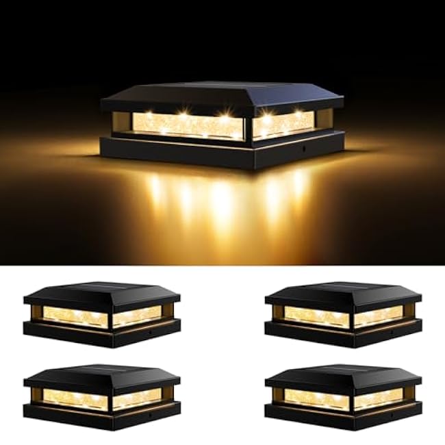 Solar Light Outdoor 4 Packs, Waterproof Solar Powered Post Cap Light for 4x4 4.5x4.5 5x5 Vinyl/Wooden Post with Warm/Cool Lighting, Black 16LEDs Deck Cap Lights for Outside, Garden, Patio, Porch