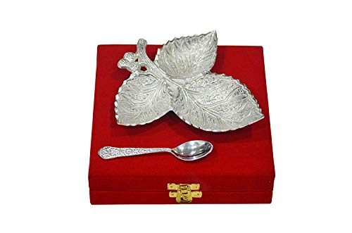 Indian Accent Silver Plated Brass Leaf Shaped Bowl 7 With Spoon Royal Design From