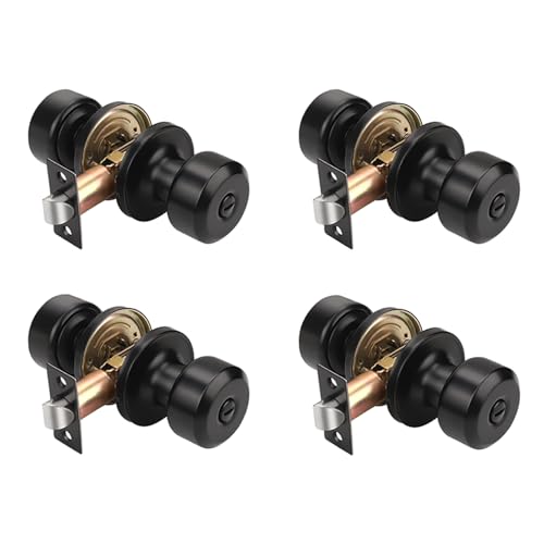 KNOBWELL Interior Door Knobs with Cylindrical Shape Knob, Matte Black Door Knob for Bedroom Bathroom, Keyless Privacy Door Knob with Lock, Stainless Steel Door Handle, 4 Pack