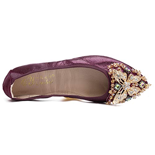 Womens Ballet Flats Foldable Rhinestone Pointed Toe Comfortable Slip On Wedding Flat Shoes Dress Flats For Women Red Size 10.5 #TOP3