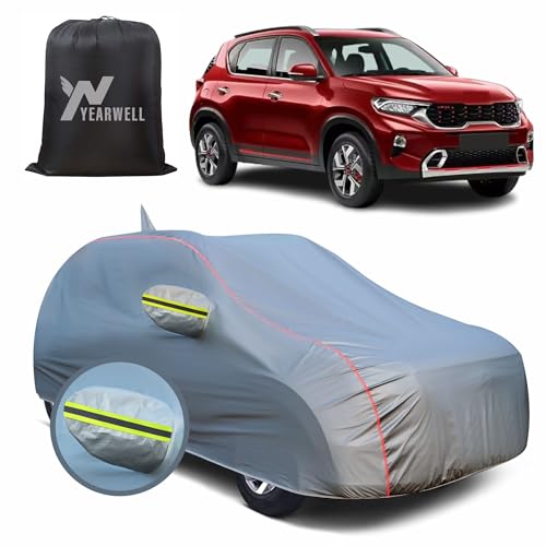 Image of Car Body Cover for Kia Sonet, 100% Waterproof, Heat-Resistant with Mirror & Antenna Pockets, Soft Cotton Lining, Triple Stitched, Green Reflector (Metallic Grey)