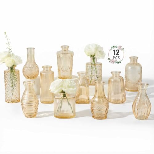 12 Pack Bud Vase in Bulk - BEAHOT Gold Flower Vases for Wedding Decorations Glass Vase for Table Decorations Small Vase for Home Mothers Day Centerpieces Party Office (Gold)