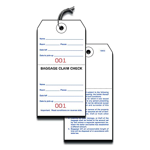 Hotel Luggage Claim Tag with String, Serial Numbering, and Perforated Claim Ticket – Blank White Disposable Bag Tags for Hotel and Motel Bag Storage (Set of 1000)