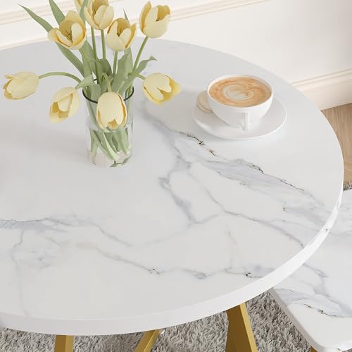 Image of VECELO Small Round Dining Table Set for 2, Wood Tabletop with Strong Metal Frame, Modern Dinette with Chairs for Kitchen, Breakfast Nook Living Room, White and Gold