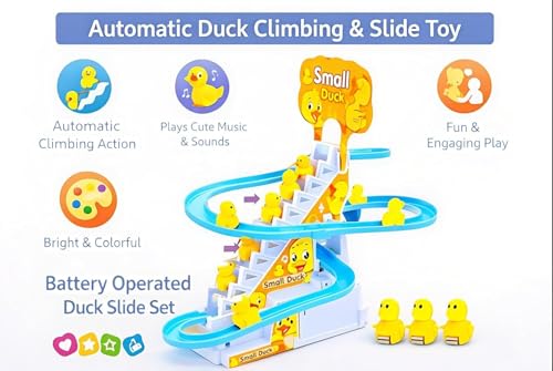 Image of Duck Track Toy Set with Climbing Stairs and Slide, Music and LED Lights, Blue and Yellow, for Kids Boys and Girls 3+ Years