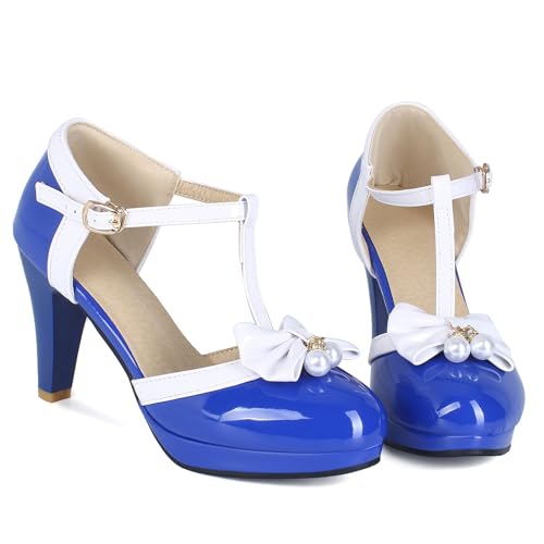 Image of Elbslutt Women's Cute Retro Rockabilly Shoes T Strap Mary Janes Heels Chunky Cosplay Shoes Sweet Block Heeled Bow Pumps