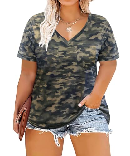 Image of TIYOMI Plus Size Tops for Women V Neck Tshirts Basic Tunic Casual Hawaii Floral Tie Dye Camo Summer Short Sleeve Tee XL-5XL