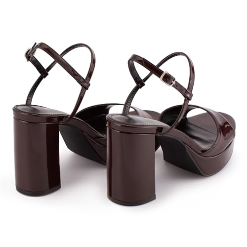 Taytoe Black/Burgundy Platform Chunky Heels for Women, Open Round Toe 4 inch High Heeled Sandals with Buckle Ankle Starp3