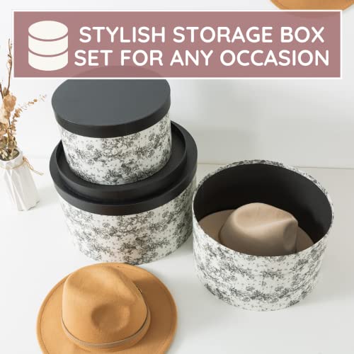 Soul & Lane Floral Hat Round Boxes With Lids - Set Of 3: Nesting Cardboard Hat Storage, Large Black Print Hat Cases, Round Decorative Keepsake Boxes, Stacking Paper Mache Craft Boxes #TOP3