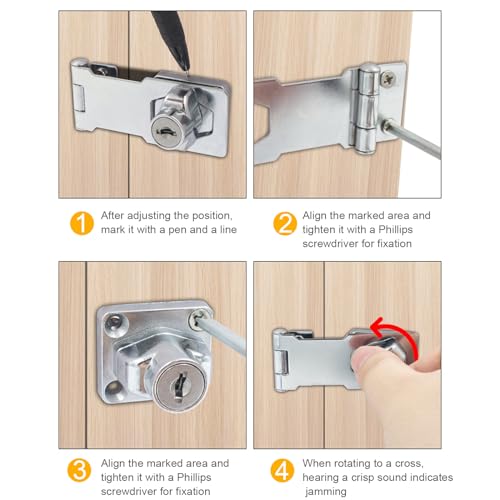 Image of 2 Packs Keyed Hasp Locks, 4 Inch Twist Lock Key Locking Hasp, Cabinet Locks with Keys and Screws, Stainless Steel Safety Hasp Lock Latch Padlock for Small Doors, Drawers, Silver