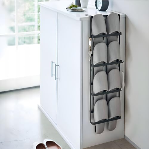[ahomeone]壁掛けスリッパラック 4段 玄関収納 引っ掛け式 シューズラック 取り付け簡単 穴開け不要 省スペース バスルーム/寝室/ホテル対応 ステンレス製 大容量 サンダル収納 フック付き 安定性 組立不要 シンプルデザイン